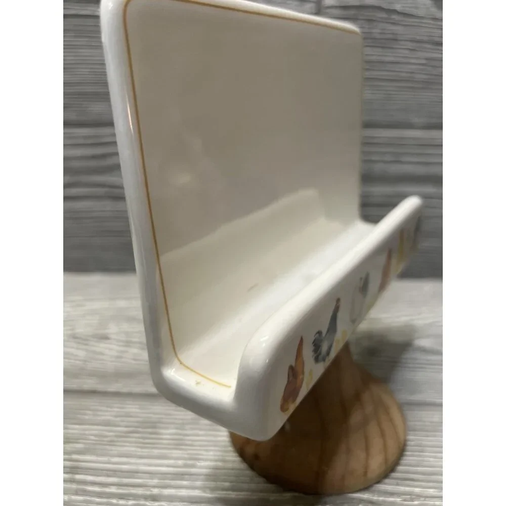 Ceramic Chickens Recipe Card Holder Wooden Pedestal Stand Red Shed - Picture 4 of 8